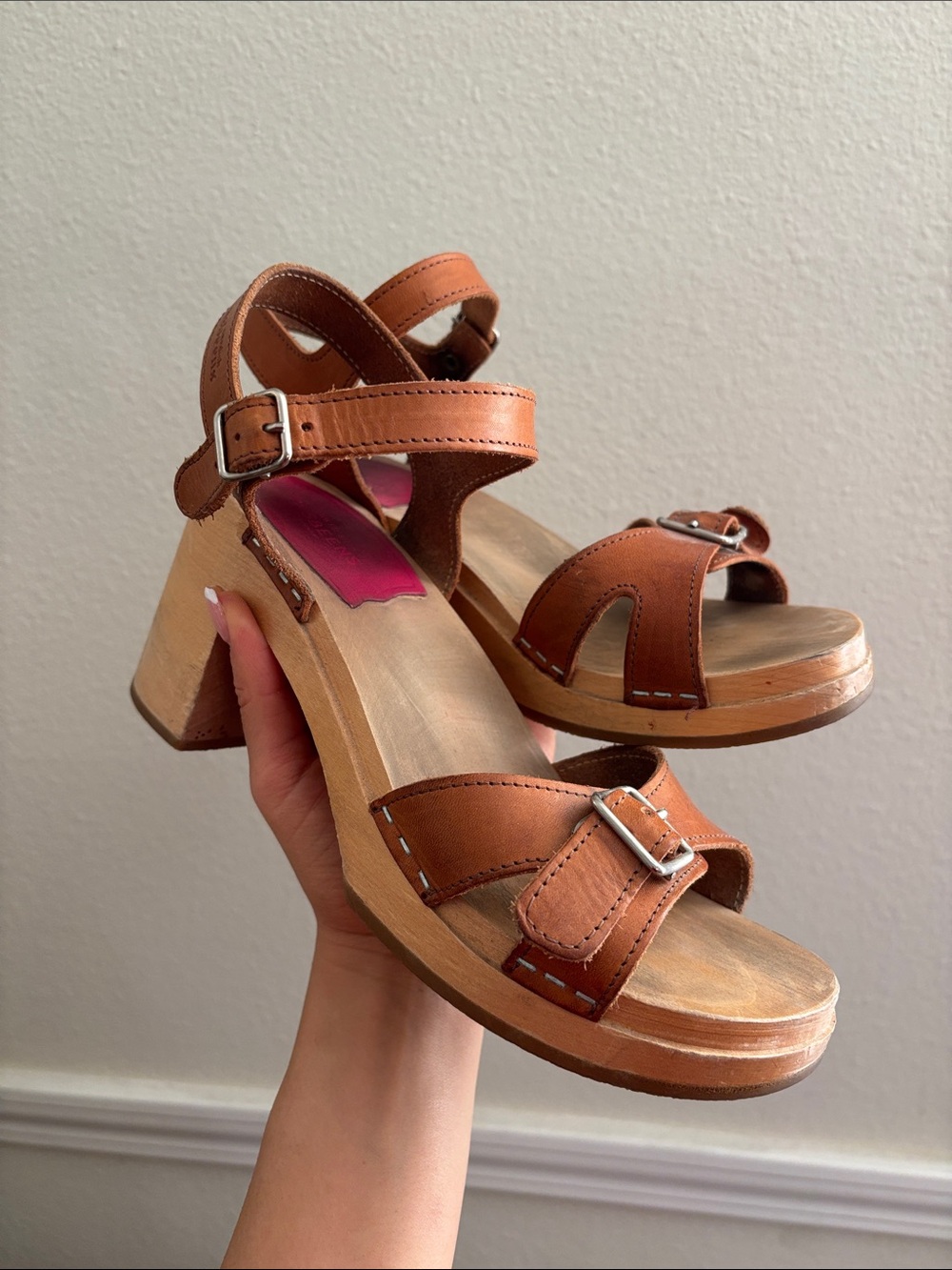 Swedish Hasbeens Tan Brown Leather Platform Clog Sandals